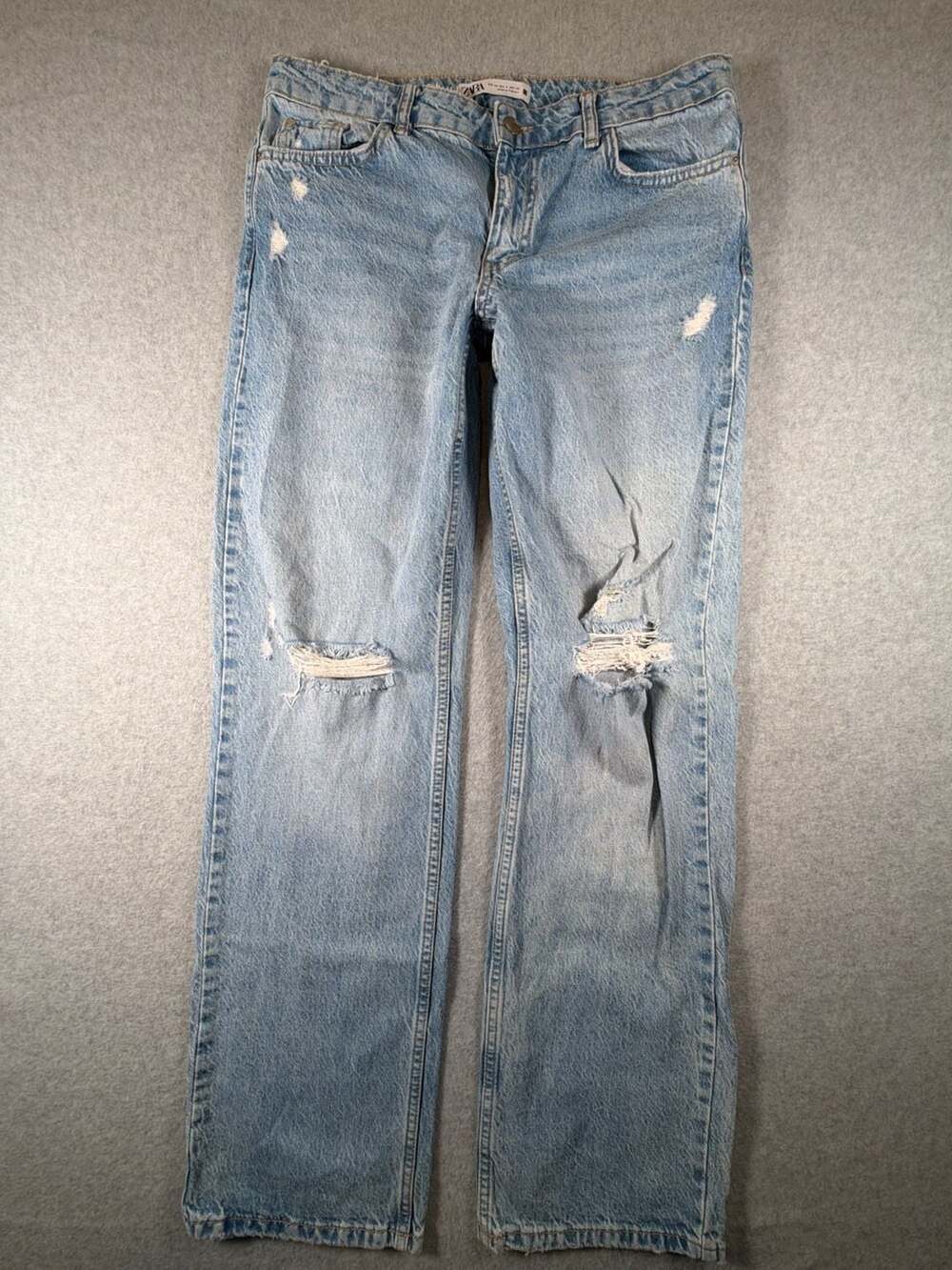 Zara Distressed Light Wash Straight Leg Denim Jeans
